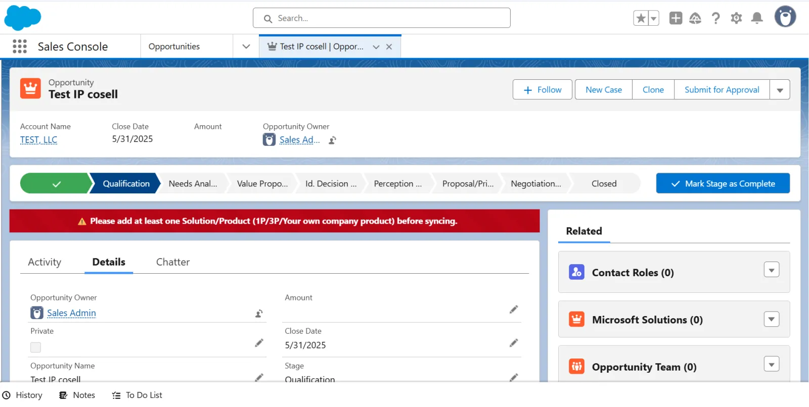 Salesforce Opportunity record in the Sales Console